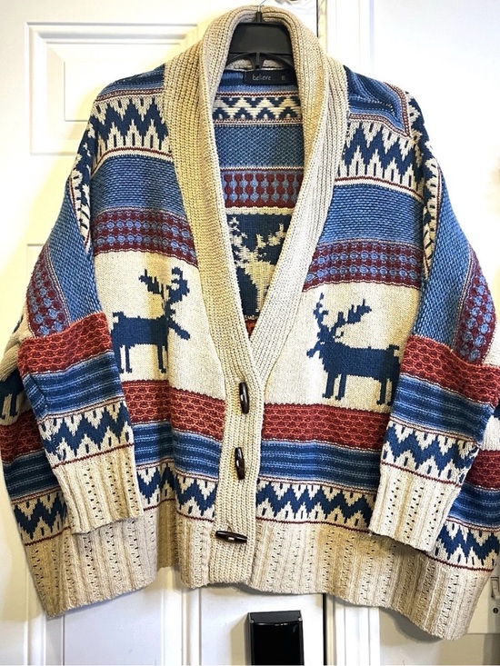 Believe Sweaters - Oversized Chunky Knit Fair Isle Shawl Collar Sweater Moose Blue L XL Gorpcore